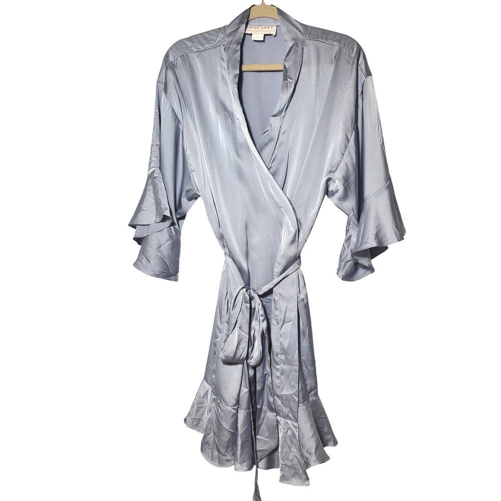 Birdy Grey Steel Blue Satin Ruffle Wrap Robe M/L Bridal Party Loungewear